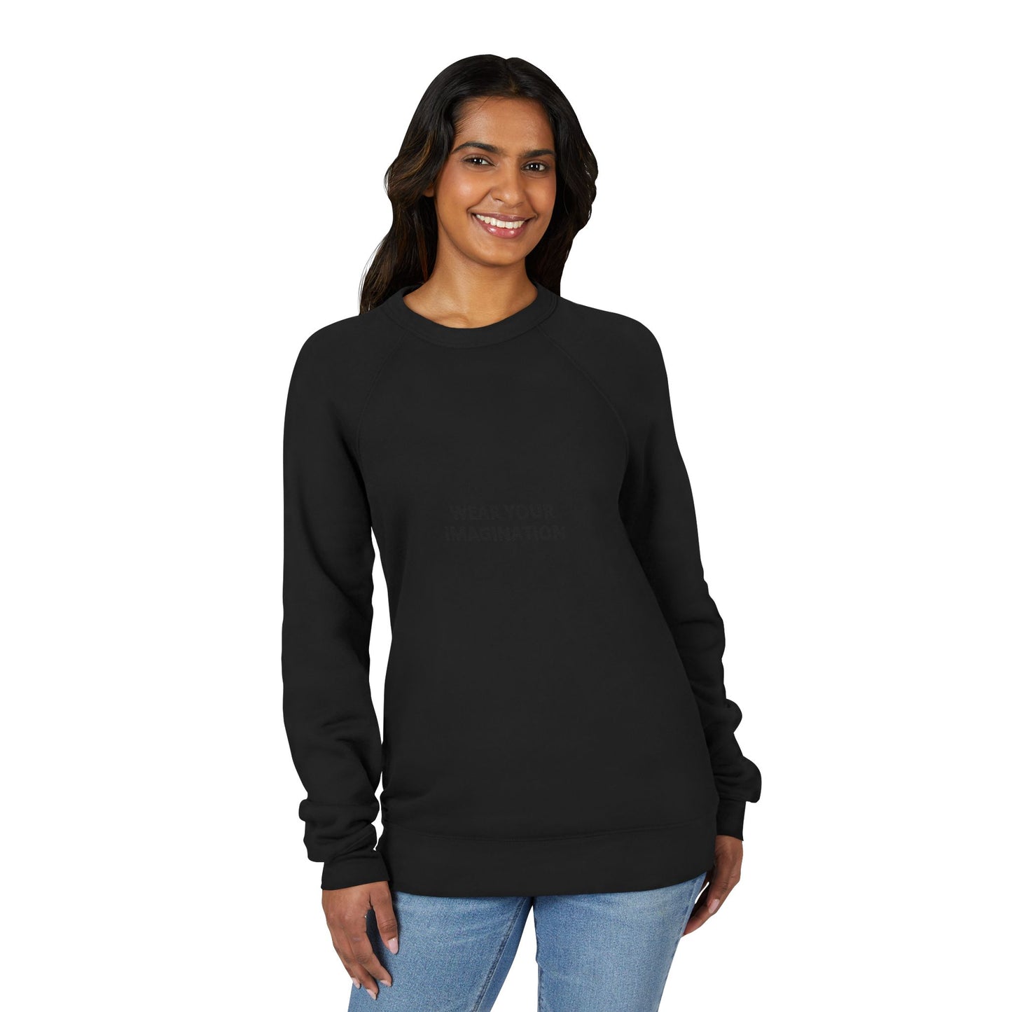 Embroidered Minimalist Black Sweatshirt — Subtle Text Raglan Crewneck