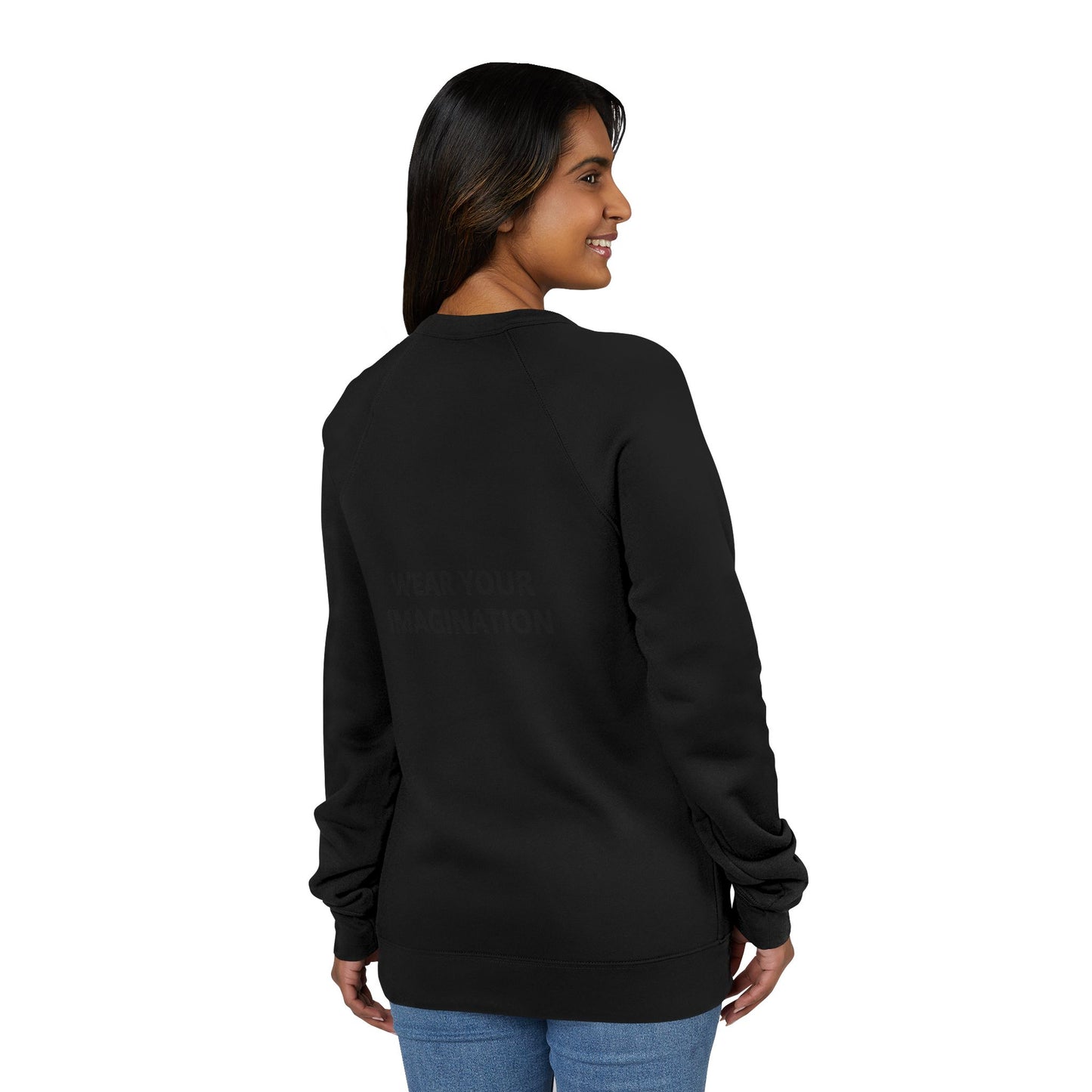 Embroidered Minimalist Black Sweatshirt — Subtle Text Raglan Crewneck